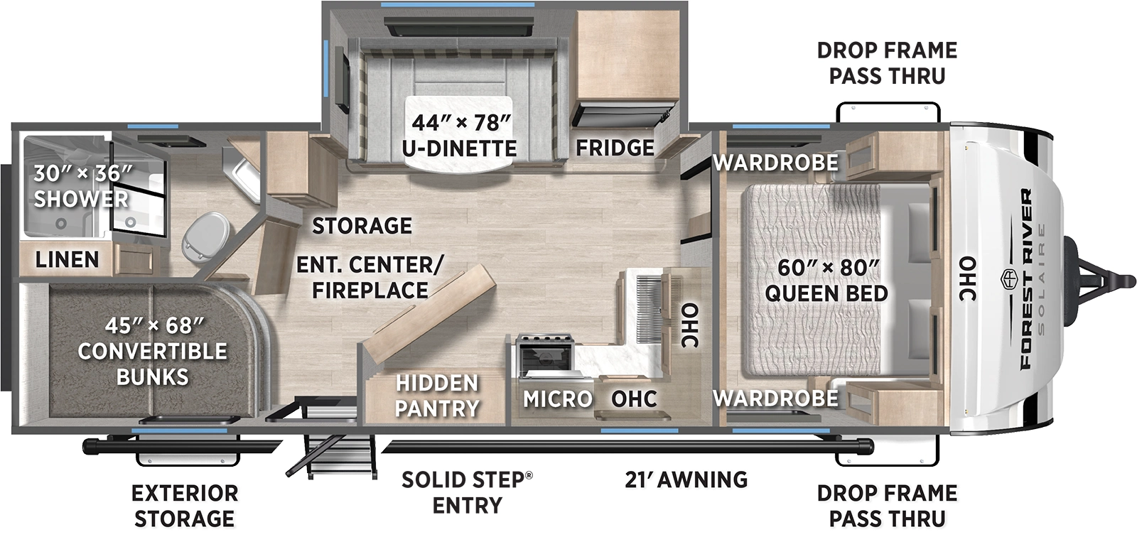 The SolAire Ultra Lite 2430BHS floorplan has one entry and one slide out. Exterior features include: fiberglass exterior and 21' awning. Interiors features include: bunk beds, u-dinette and front bedroom.